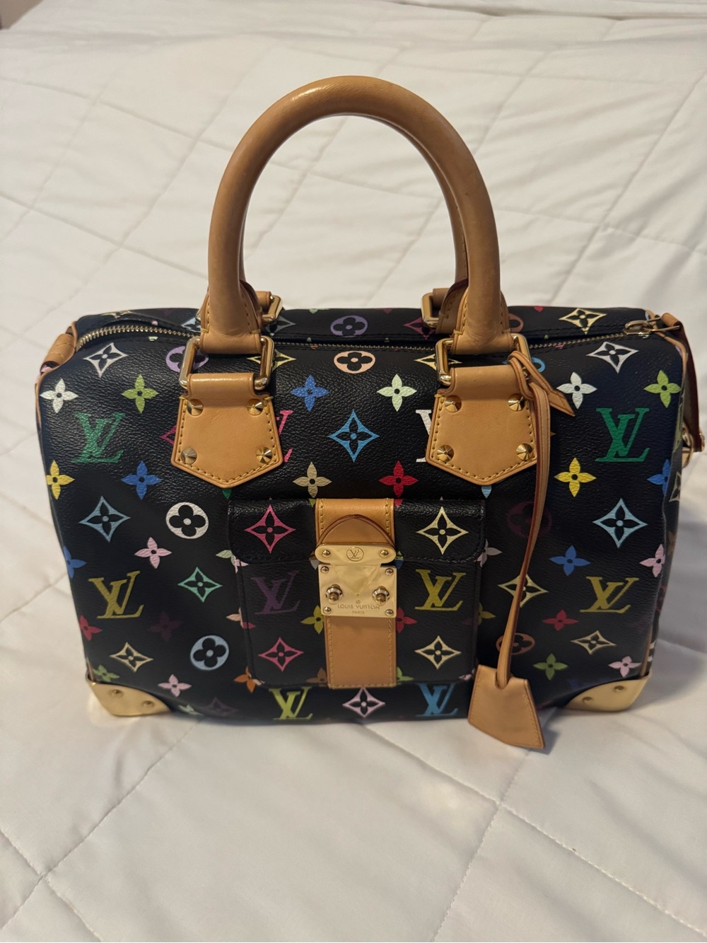 Louis Vuitton Black Multicolor Monogram Speedy with Tan Leather Handles